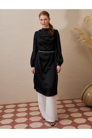 Kayra Chain Belt Detailed Satin Tunic Black
