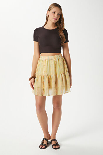 Ritnice Women's Juliet Yellow Floral Pattern Lined Flounce Mini Chiffon Woven Skirt