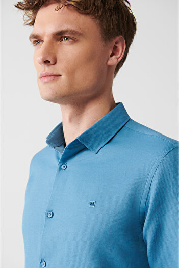 Avva Men's Petrol Easy-Iron Wafer Cotton Shirt E 002030