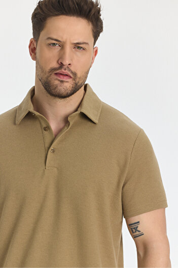 Frappoli Jaguar Men's Polo Neck T-Shirt - Camel Color, Cotton Blend, Non-Drawing Lycra, Slit Detail, Slim Fit