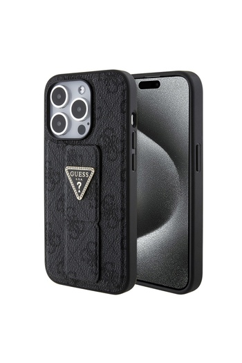 Guess Husă pentru iPhone 15 Pro, Grip Stand 4G Triangle Strass, Guess - Negru