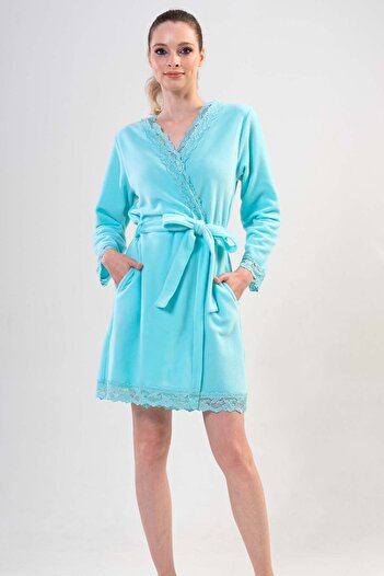 VİENETTA Women's Fleece Long Sleeve Lace Short Dressing Gown
,203039