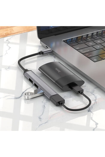 REDz Accessories Cablu Hub Hoco HB26, Tip-C la USB, 4 porturi, Suportă transfer de 1 Tb, OTG, Gri
