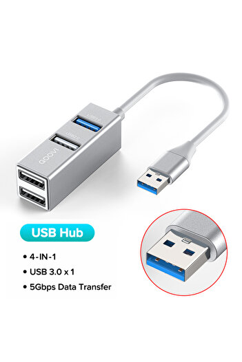 REDz Accessories Cablu Hub USB QOOVI cu 4 porturi, transfer de date 5 GB, metalic, argintiu