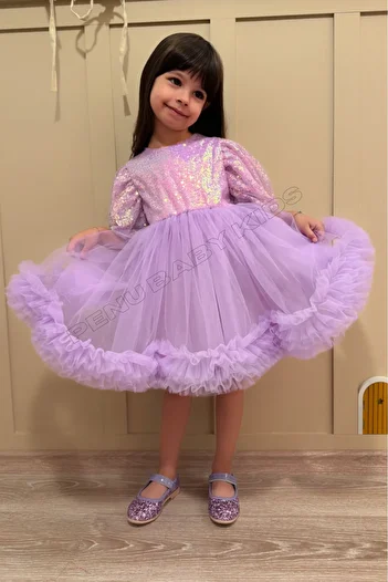 penu baby kids Lilac Sequined Balloon Sleeve Girl's Baby Girl Evening Dress with Grainy Tulle Skirt - Terra