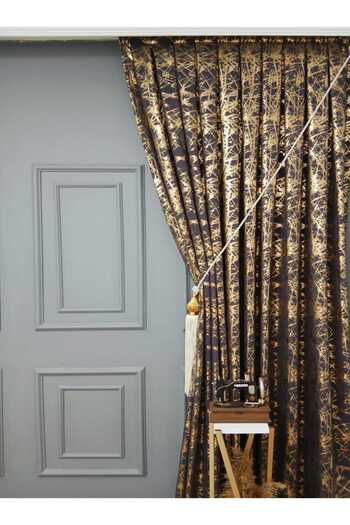 farbateks Smoked Gray Gold Foil Shiny Laced Opart Fabric 3 Layer Pleated Background Curtain