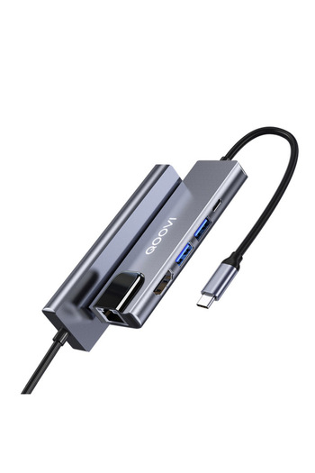 REDz Accessories Hub de cablu 5 în 1, HDMI + USB + RJ45 + PD 100W, QOOVI, mufă Type-C, transfer de date 5GB, gri