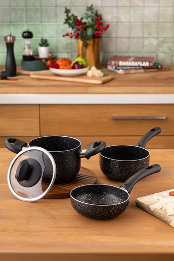 Emsan Vega 4 Piece Mini Granite Black Cookware Set