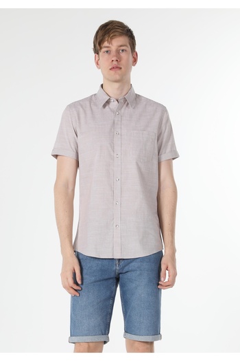 Colin's Slim Fit πουκάμισο με λαιμόκοψη μονόχρωμο ανδρικό μπεζ κοντομάνικο πουκάμισο