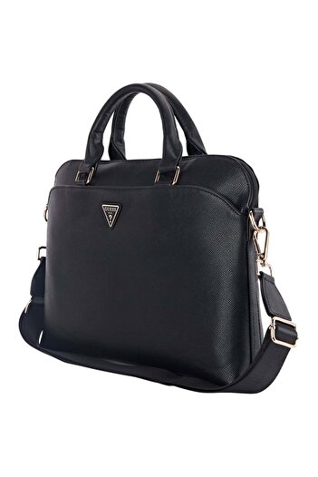 Guess Geantă pentru laptop de 15 inch, logo triunghi granulat, piele, curea reglabilă, Guess, neagră
