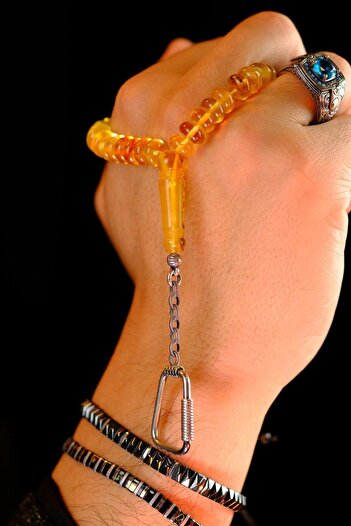 dergah tesbih Silver Keychain Design Wrist Length Russian Drop Amber Rosary (Amber), (مسبحة قطرة كهريبار)