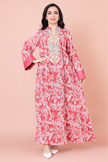 IKKXA Embroidered Leaf Print Jalabiya