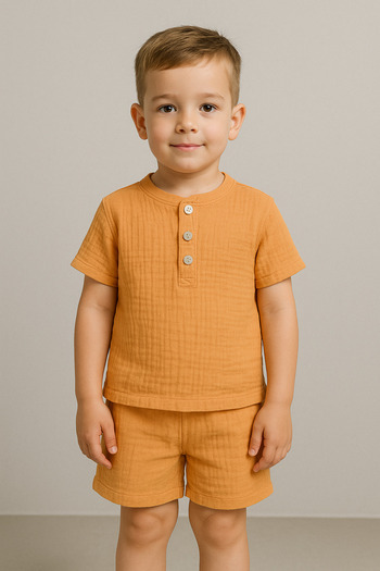 Bubito Unisex Baby&Child 100% Cotton Buttoned Muslin Top and Bottom Shorts Set-Cinnamon