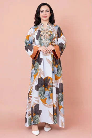IKKXA Embroidered Leaf Blossom Jalabiya