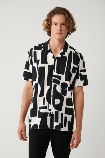 Avva Men's Black Apaj Collar Easy-Ironing Seersucker Short Sleeve Oversize Fit Shirt A41Y2177
