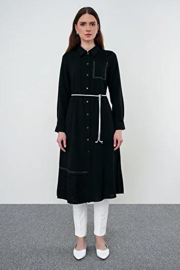 Zühre Shirt Collar Lace Detail Black Long Tunic T-1451