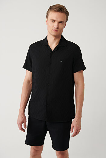 Avva Men's Black Apaj Collar Short Sleeve Textured Shirt A41Y2092