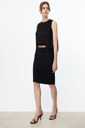 Ekol Crepe Fabric Pencil Skirt Black-4206