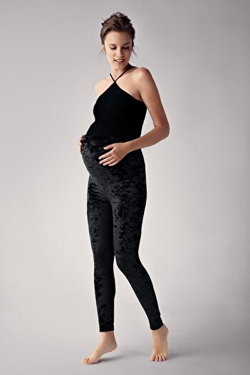 Artış Velvet Black Adjustable Waist Maternity Leggings - T04