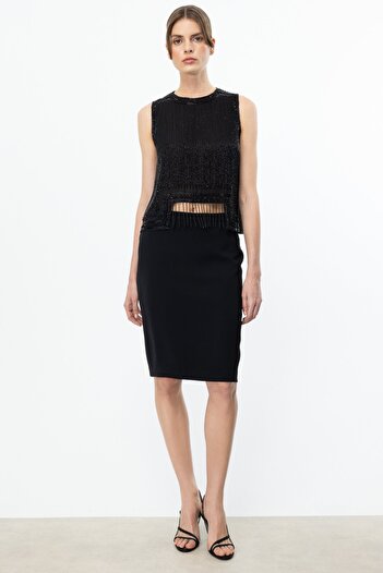Ekol Crepe Fabric Pencil Skirt Black-4206