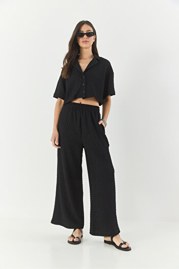 Bianco Lucci Women Seersucker Crop Jacket Elastic Waist High Waist Pants Suit Bottom-Top Suit 9313 60281043