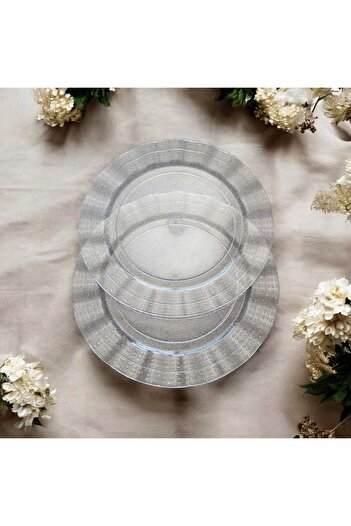 Evinizin Yardımcısı SUNUM & Pasta Malzemeleri & Parti mazeler & Sunum Şeffaf Gümüş Simli Plastik Tabak 19cm 6 Adet