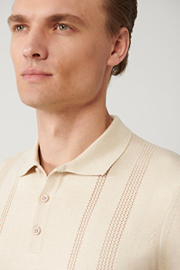 Avva Men's Beige 3-Button Openwork Polo Neck Knitwear T-Shirt A41Y5096