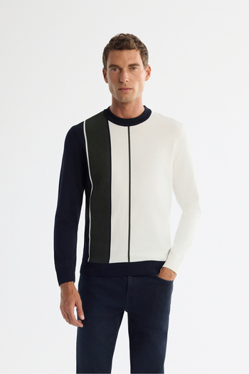 Avva Men's Ecru Crew Neck Colorblock Textured Knitwear Sweater A42Y5033