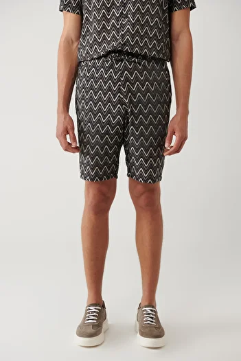 Avva Men's Black Elastic Waist Patterned Viscose Blended Etenna Shorts A41Y3718