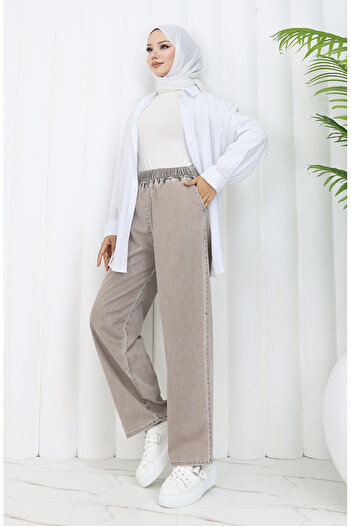 sefamerve 9633-08 Model Milk Coffee Colored Jeans with Elastic Waist