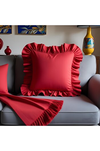 Bc Home Kırmızı Country Fırfırlı Kare Kırlent Kılıfı Yumuşak Dokulu Vintage, İskandinav,Bohem,Yılbaşı