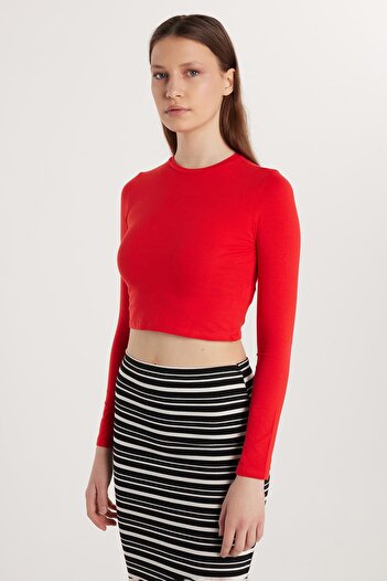 Tudors Kadın Slim Fit Pamuklu Düz Bisiklet Yaka Kırmızı Bluz
