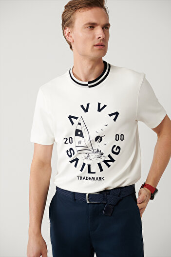 Avva Men's White Soft Touch Crew Neck Printed and Embroidered T-Shirt A41Y1334