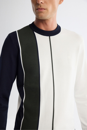 Avva Men's Ecru Crew Neck Colorblock Textured Knitwear Sweater A42Y5033