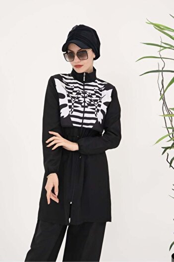 NS Tasarım Tesettür Mayo Sabrina Leaf Patterned Design Hijab Parachute Fabric Double Swimsuit Set 364