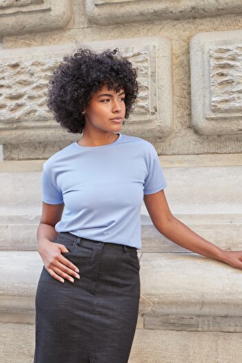 Jument Women's Crew Neck Wrinkle-Free Span Blended Stylish Short Sleeve Lycra T-Shirt Blouse-Light Blue