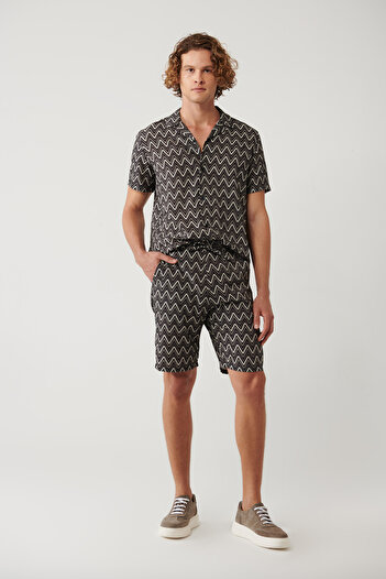 Avva Men's Black Elastic Waist Patterned Viscose Blended Etenna Shorts A41Y3718