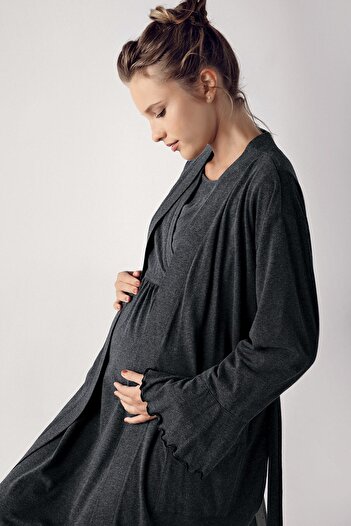 Artış Women's Long Sleeve Cotton Flexible Maternity Dressing Gown Nightgown Set 13400
