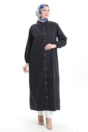 sefamerve Boydan buttoned denim abaya 0058-03 black