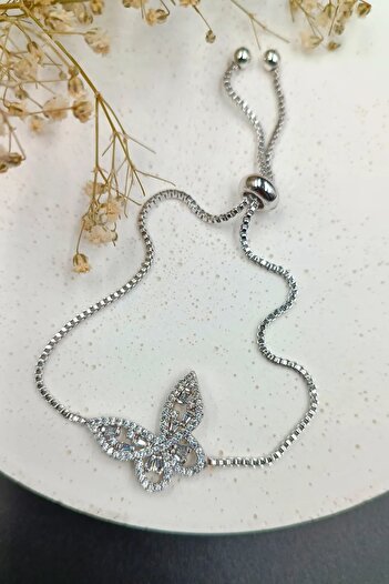 Vitastyle 316 L Steel Tarnish Free Elevator Chain Butterfly Zircon Stone Bracelet Silver