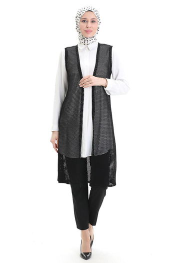 sefamerve Lacy Long Flowing Vest 8746-01 Black