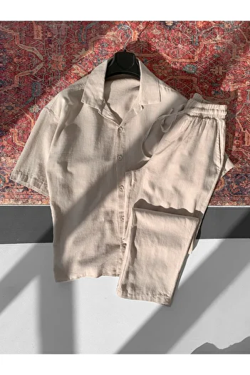 NO1 KONSEPT Beige Linen Cotton Comfortable Fit Shirt Pants Set