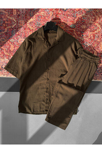 NO1 KONSEPT Brown Linen Cotton Comfortable Fit Shirt Pants Set
