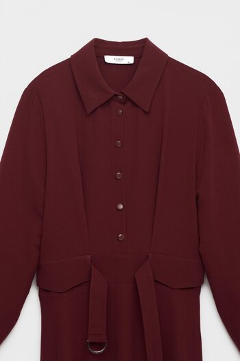 Zühre Button Detailed Pleated Long Burgundy Dress E-0441