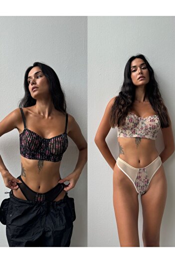 Cansoy 2-Piece Floral Patterned Capless Black-Skin Bra Set (693Tk)