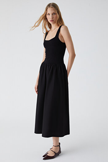 GRIMELANGE Pani Fuego Women's Hanging Neck Skirt Part Woven Poplin Top Flexible Viscose Black Dress