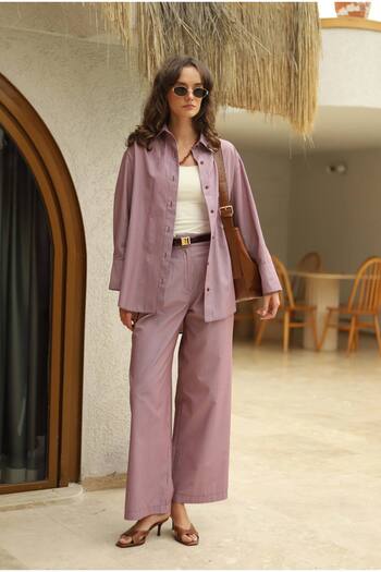 HEQA Striped Wide Leg Trousers Burgundy