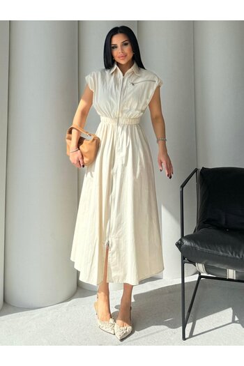 HARMONY GLOBAL Women's Ecru Elastic Waist Zippered Poplin Fabric Midi Length Dress 7272