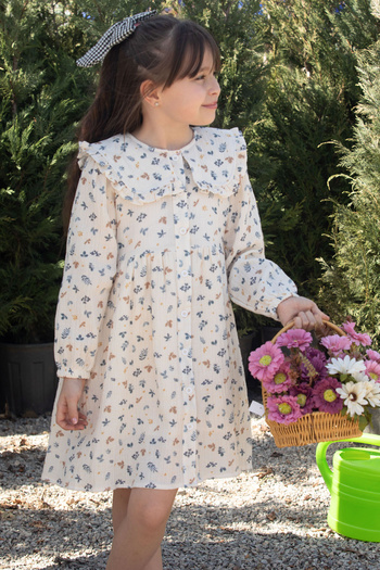 Cansın Mini Blue Leaf Patterned Buttoned Muslin Girl's Dress 20310