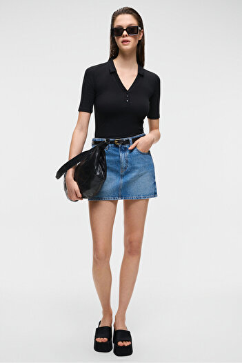 GRIMELANGE Lokkıser Women's Buttoned Apaj Collar Short Sleeve Black Blouse